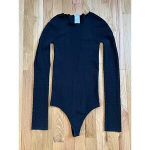 Wolford Black Wool Blend Bodysuit Lace Crew Neck Long Sleeves Thong (size M)